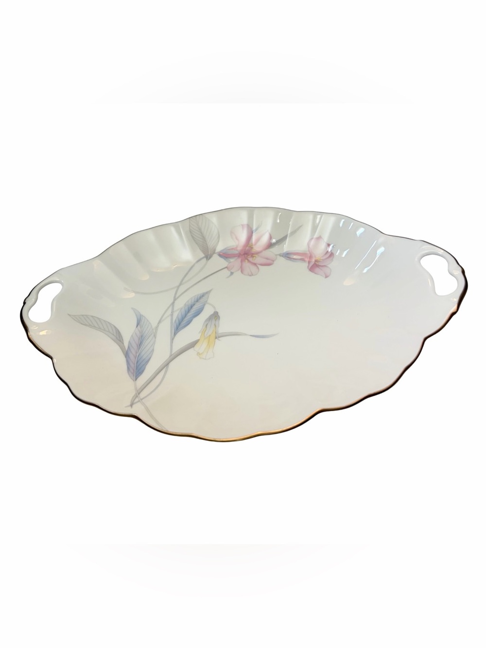 Vtg. Mikasa Bone China Eden’s Garden 12” Scalloped Edge Serving Tray w/ Handles